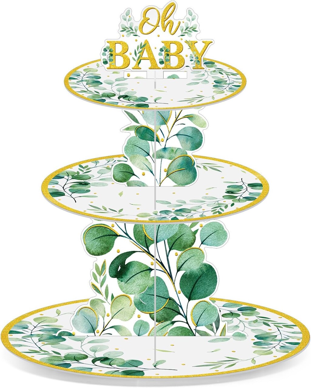 3 Tier Sage Greenery Baby Shower Cupcake Stand Party Decorations Eucalyptus Leaf Cupcake Holder Green Jungle Leaves Theme Dessert Tower for Boho Baby Shower Gender Reveal Woodland Party Supplyf